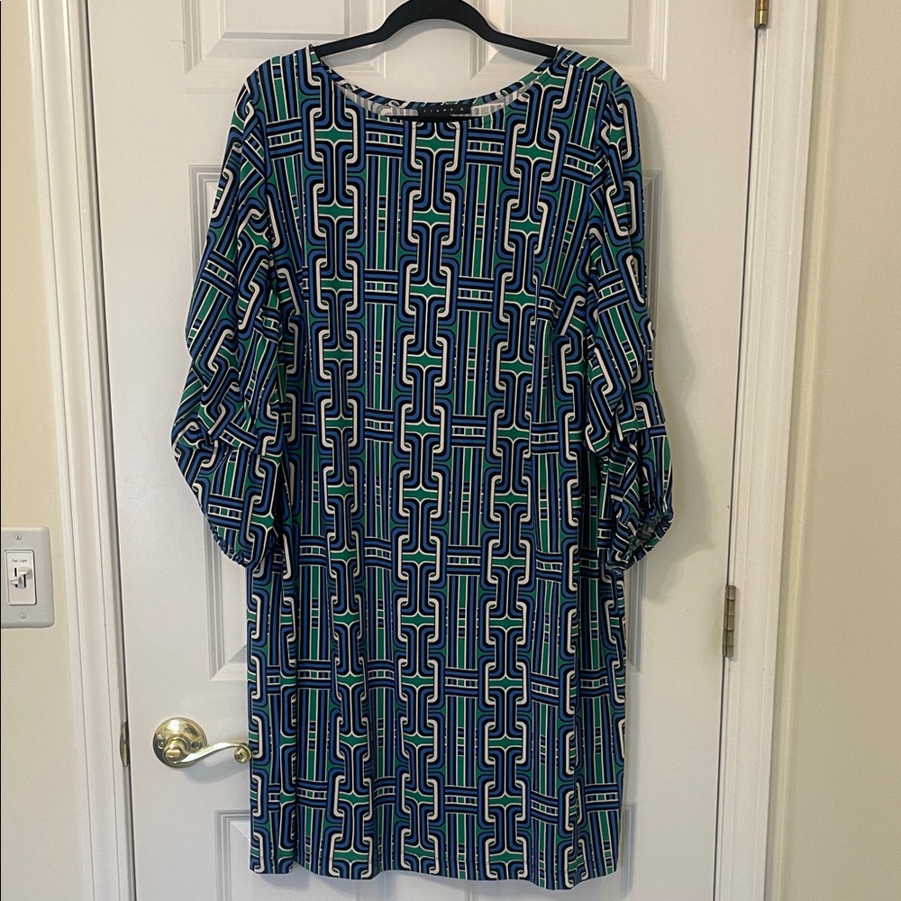Tiana B. Blue and Green Geometric Patterned Long Sleeve Dress 1X